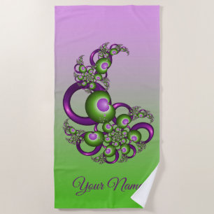 Lovely Pink Green Hearts Modern Fractal Name Beach Towel