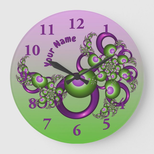 Lovely Pink Green Hearts Modern Fractal Name Large Clock (Front)