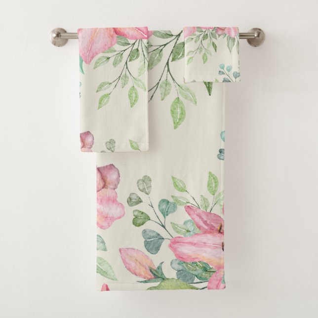 Lovely Pink Lily Flower Bath Towel Set (Insitu)