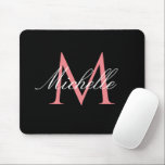 lovely pink monogram black  mouse pad<br><div class="desc">Elegant pink color monogram on a solid black color with chic script lettering.  You can change the color and text.</div>