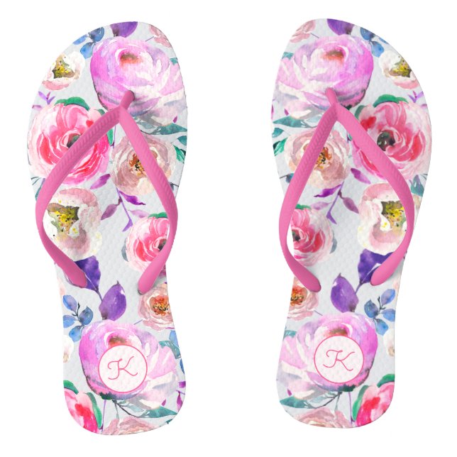 Lovely Pink Purple Floral Watercolor Blooms Jandals (Footbed)