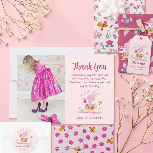 Lovely Pink rabbit Photo Flat Thank You Card (Creator Uploaded)