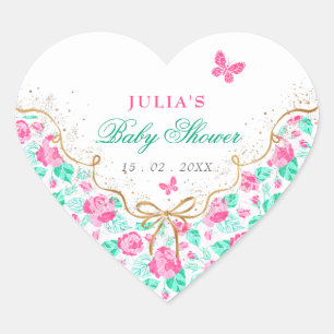 Lovely Pink Rose Floral Golden Bow Baby shower Heart Sticker