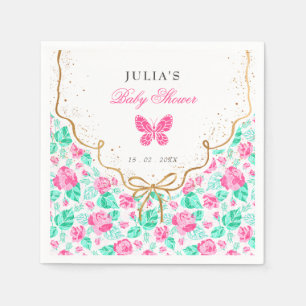 Lovely Pink Rose Floral Golden Bow Baby shower Napkin