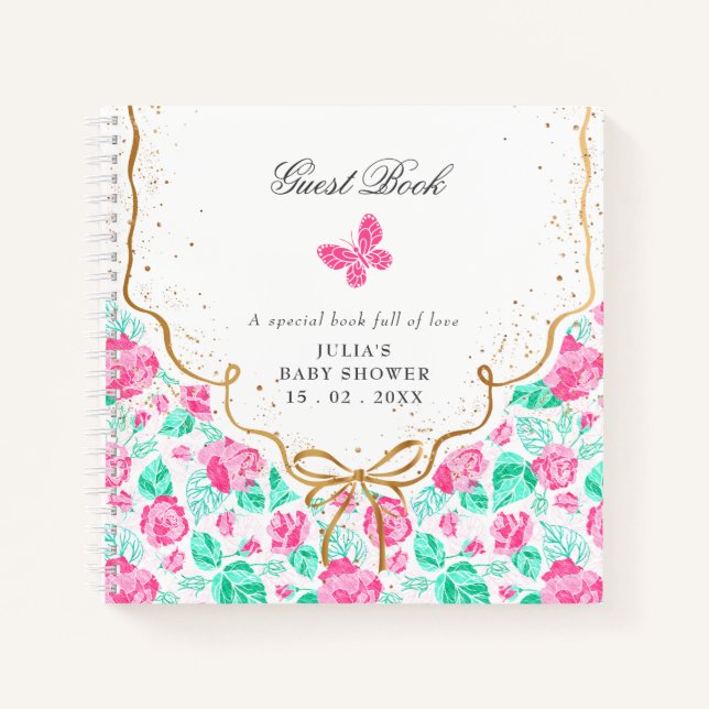 Lovely Pink Rose Floral Golden Bow Baby shower Notebook (Front)