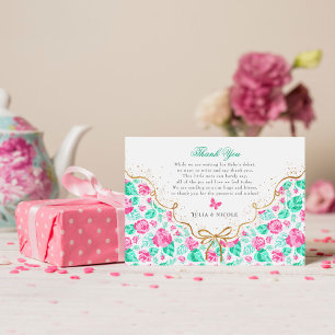 Lovely Pink Rose Floral Golden Bow Baby shower Thank You Card