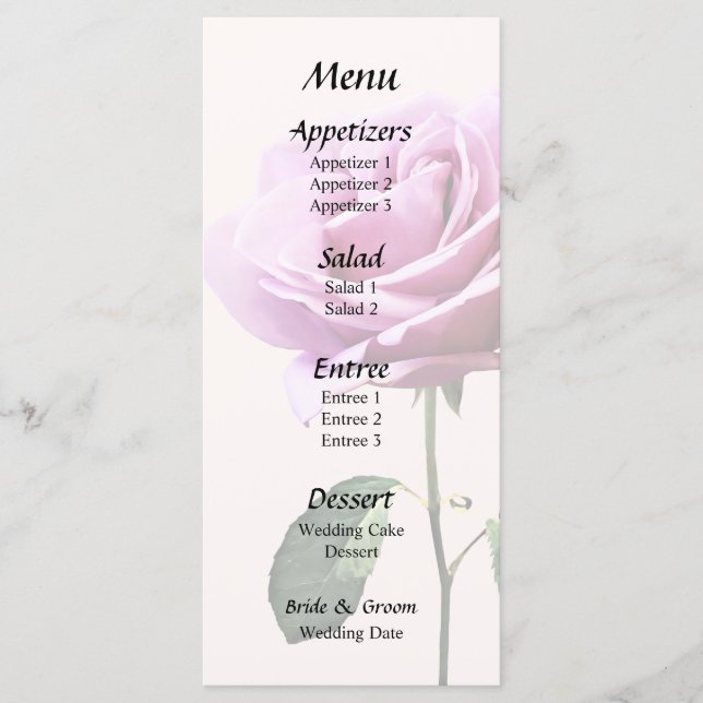 Lovely Pink Rose With Leaves Wedding Menu (Front)