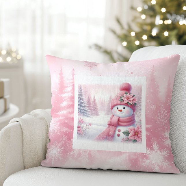 Lovely Pink Snowman Christmas Scene Kids Room  Cushion (Lovely Pink Snowman Christmas Scene Kids Room Pillow

)