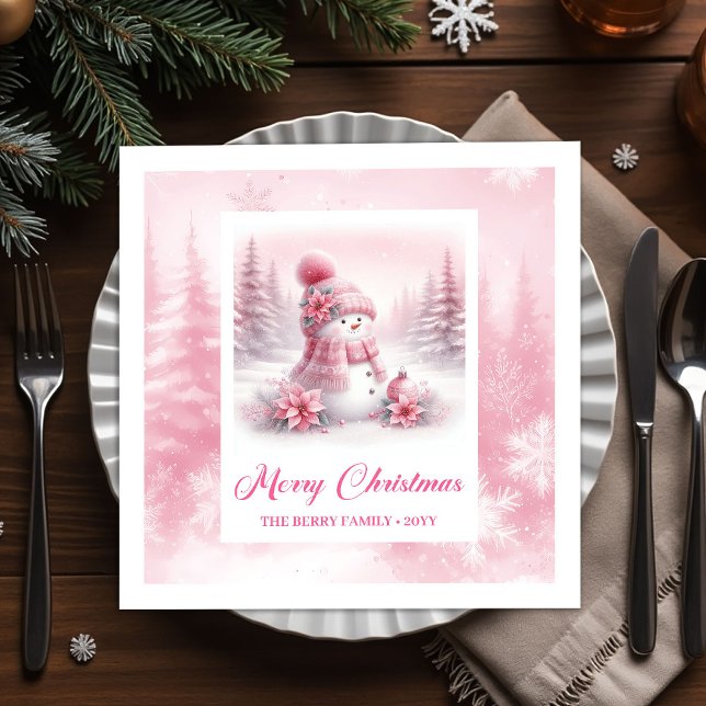 Lovely Pink Snowman Winter Forest Christmas Napkin (Lovely Pink Snowman Winter Forest Christmas Napkins)