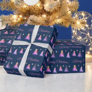 Lovely pink trees and Merry Christmas blue Wrapping Paper