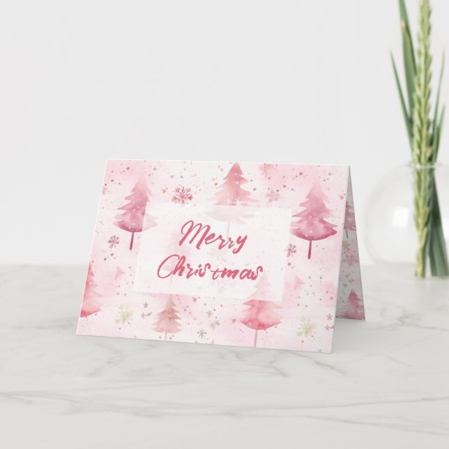 Lovely Pink Vintage Pine Trees Christmas Card (Front)