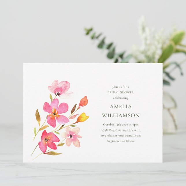 Lovely Pink Watercolor Floral Bridal Shower Invitation (Standing Front)