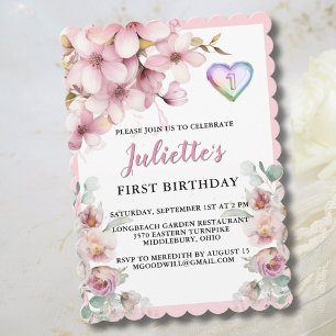 Lovely Pink Watercolor Flowers First Birthday Holiday Card