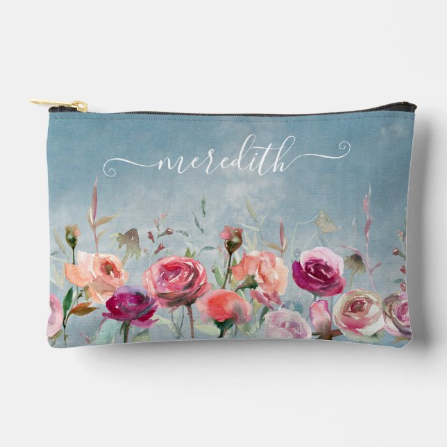 Lovely Pink Watercolor Flowers Garden Name Accessory Pouch (Front)