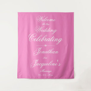 Lovely Pink Wedding White Script Names Welcome Tapestry