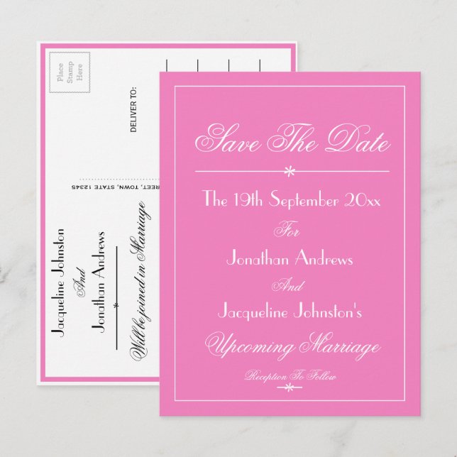 Lovely Pink Wedding White Script 'Save The Date' Invitation Postcard (Front/Back)
