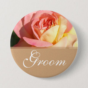 Lovely pink yellow rose wedding  button for groom