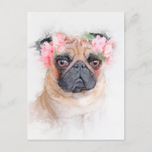 Lovely Pug Flower Crown Portrait Postcard
