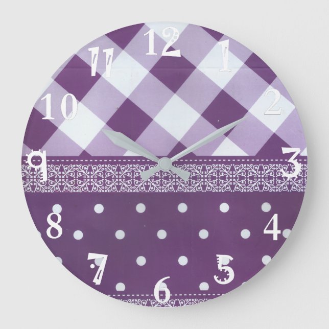 Lovely Purple chequered Damask Seamless Pattern Large Clock (Front)