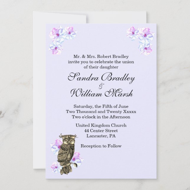 Lovely Purple Flowers with Owl  Invitation (Front)