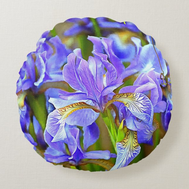 Lovely Purple Irises in May Round Cushion (Front)
