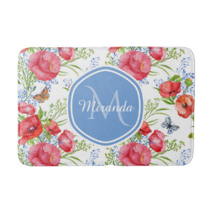 Lovely Red Poppies With Blue Butterflies and Name Bath Mat