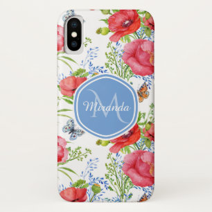 Lovely Red Poppies With Blue Butterflies and Name Case-Mate iPhone Case