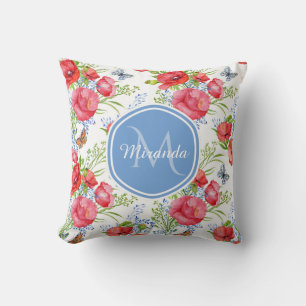 Lovely Red Poppies With Blue Butterflies and Name Cushion