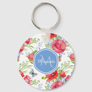 Lovely Red Poppies With Blue Butterflies and Name Key Ring