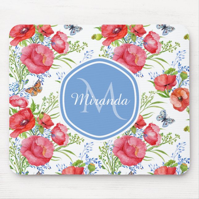 Lovely Red Poppies With Blue Butterflies and Name Mouse Pad (Front)