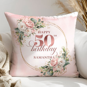 Lovely Rose Gold Blush Floral 50th Birthday Cushio Cushion