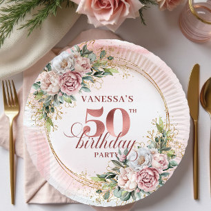 Lovely Rose Gold White Peonies 50th Birthday Party Paper Plate