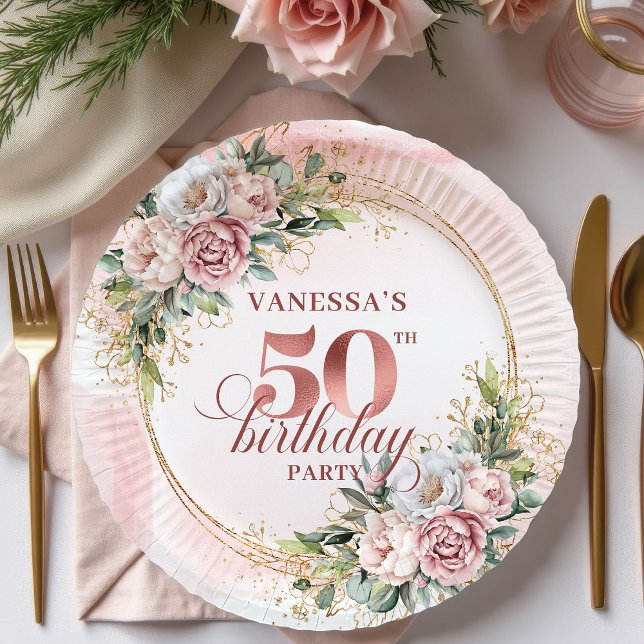 Lovely Rose Gold White Peonies 50th Birthday Party Paper Plate (Lovely Rose Gold White Peonies 50th Birthday Celebration Plates

)
