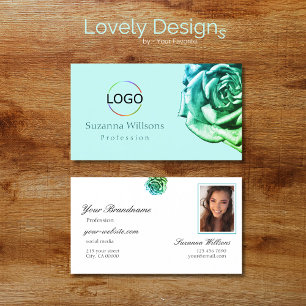 Lovely Rose on Plain Teal White with Logo Photo Business Card