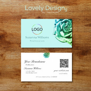 Lovely Rose on Plain Teal White with Logo QR Code Business Card