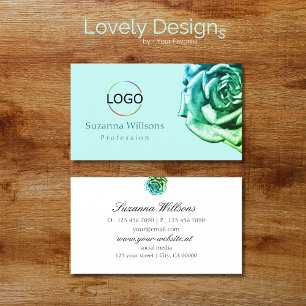Lovely Rose on Plain Teal White with Logo Simple Business Card