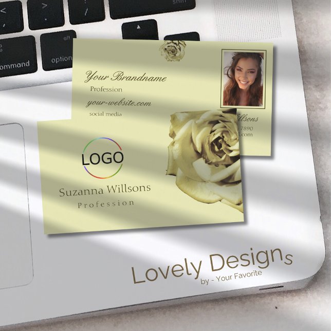 Lovely Rose Plain Pastel Beige with Logo and Photo Business Card (Creator Uploaded)