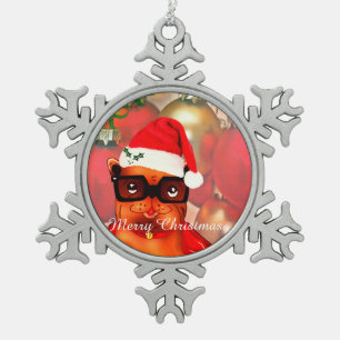 Lovely santa bulldog with santa hat snowflake pewter christmas ornament