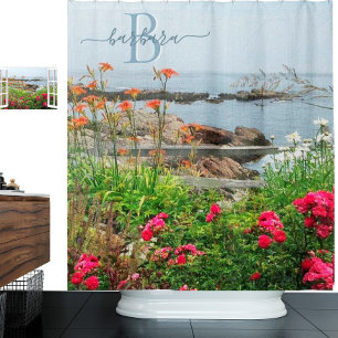 Lovely Scenic Garden Seascape Monogram Name Shower Curtain
