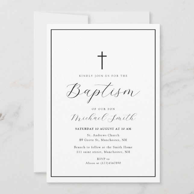 lovely script black frame baptism invitation (Front)
