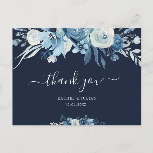 Lovely script blue floral wedding thank you postcard (Front)