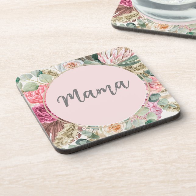 Lovely script Mama l Beautiful flowers for mother Coaster (Left Side)