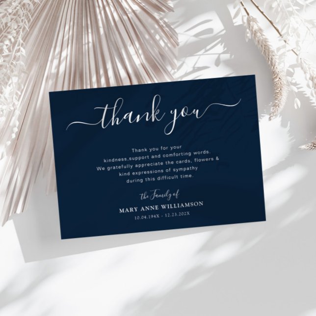lovely script navy blue funeral thank you note (Creator Uploaded)