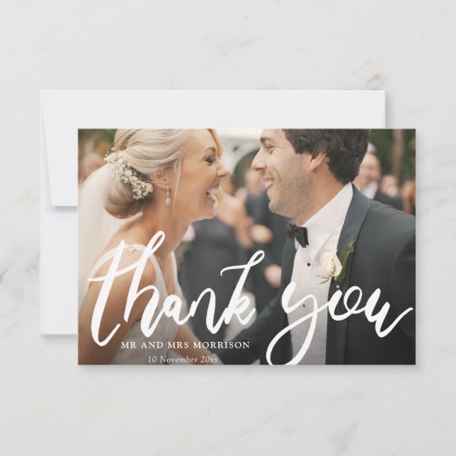lovely script photo overlay wedding thank you card (Front)