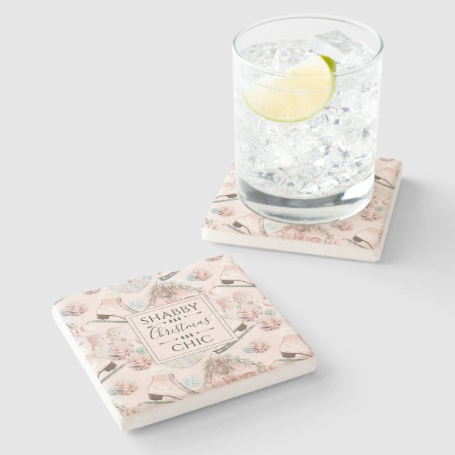 Lovely Shabby Chic Pink Christmas Pattern Stone Coaster (Side)