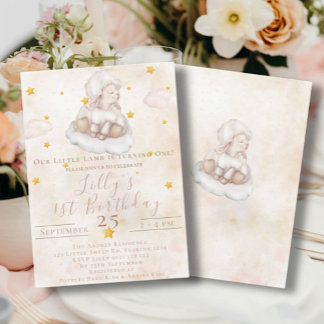 Lovely Sheep pinky cloud dust stars 1st Birthday Invitation