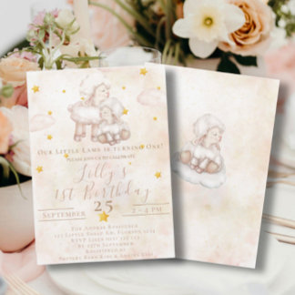 Lovely Sheep pinky cloud dust stars 1st Birthday Invitation