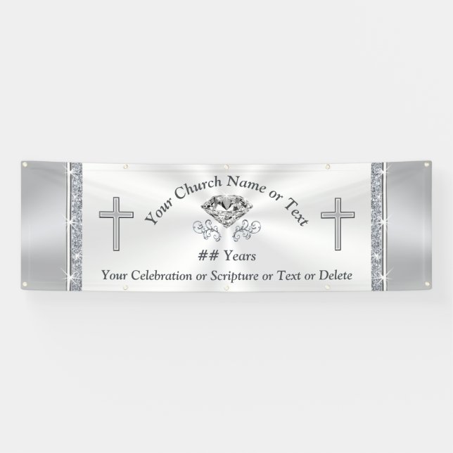 Lovely Silver White Diamond Custom Church Banners (Horizontal)