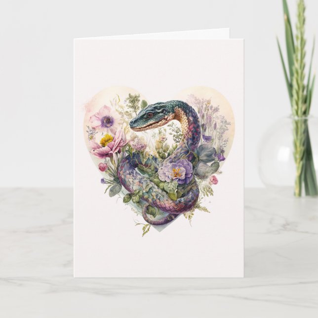 Lovely Snake with Purple Flowers Valentine's Day Holiday Card (Front)