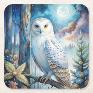 Lovely Snowy Owl Square Paper Coaster